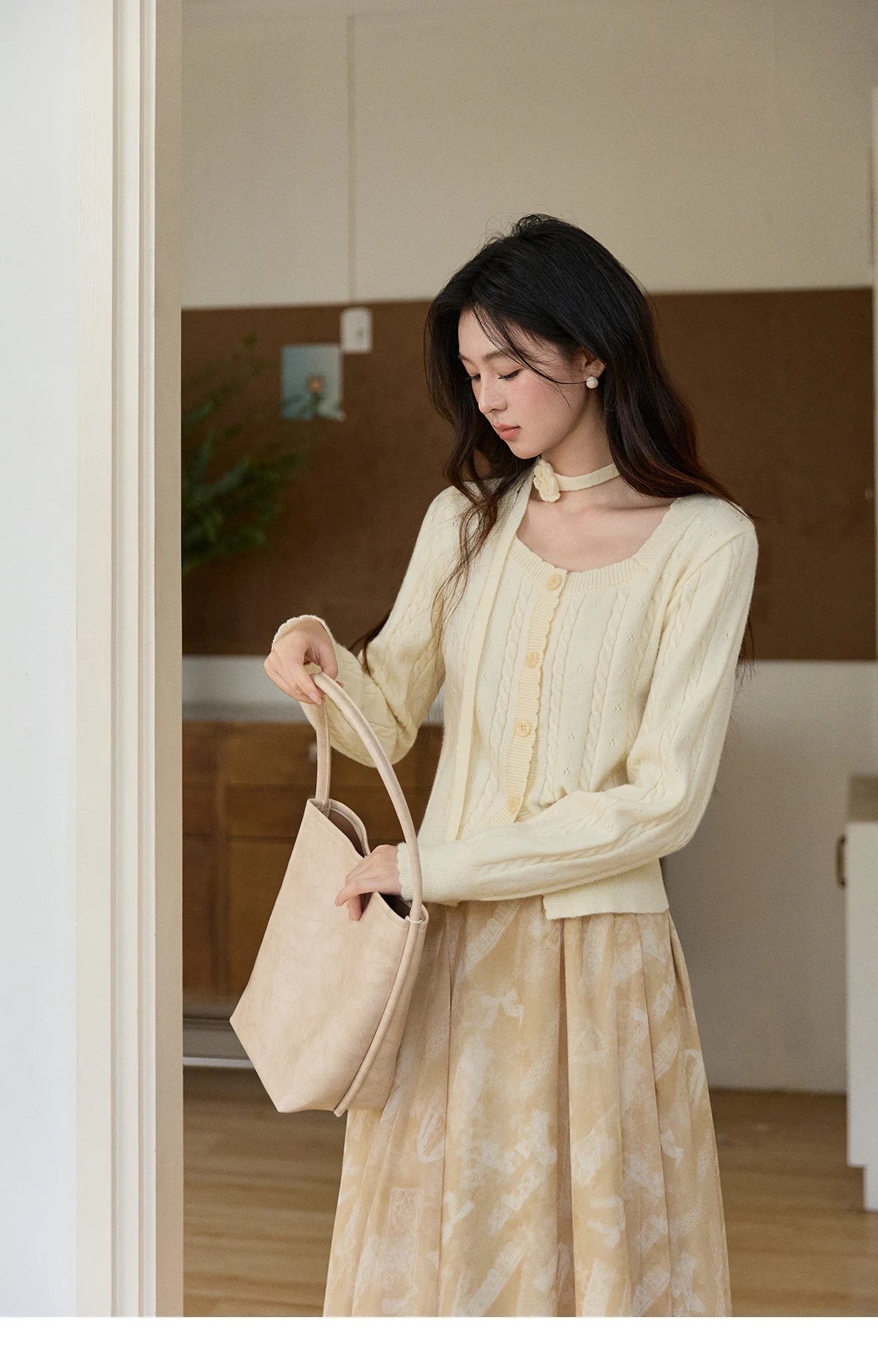 MISHOW Women's Beige Cable Knit Cardigan 2026 Spring Square Neck Long Sleeve Slim Casual Knitwear with Flower Ribbon MXF11Z2903