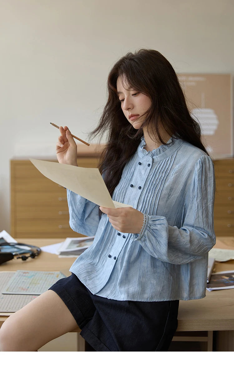 MISHOW Women's Shirt 2025 Autumn Blue Polka Dot Chiffon Loose Shirt Stand Collar Double Row Buckle Lantern Sleeve Top MXE41X1926