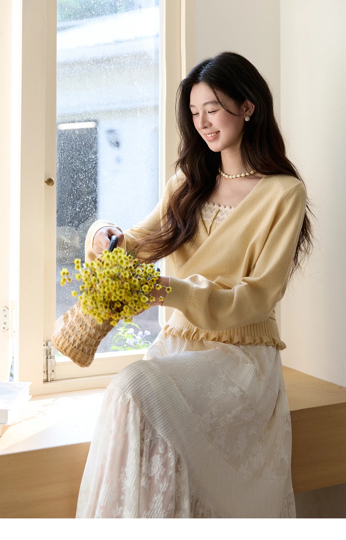 MISHOW Women's Yellow Two-Piece Set 2026 Spring Ruffled Hem Camisole Lace Trim Knitted Cardigan Casual Slim Outfit MXF11T1472