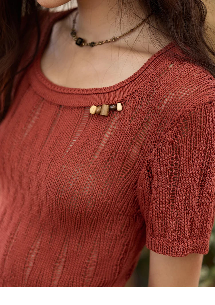 MISHOW Retro Red Hollow Thin Knitted Sweater Shirt for Women 2025 Summer Beads Short Sleeves Knitted Breathable Top MXE35Z1271