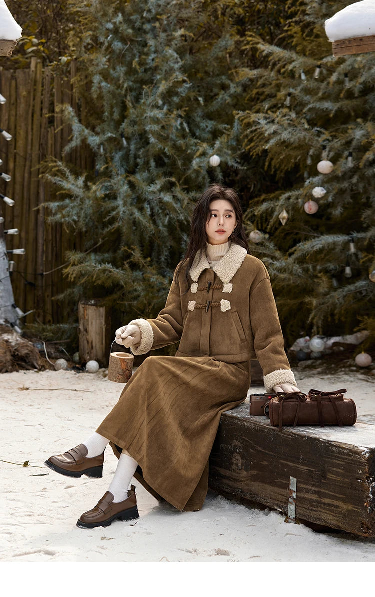 MISHOW Vintage Coats Midi Skirts Separately Brown Suede Plush Jacket Bull Horn Buckle Spliced Design Thick Warm Top MXD36W0500