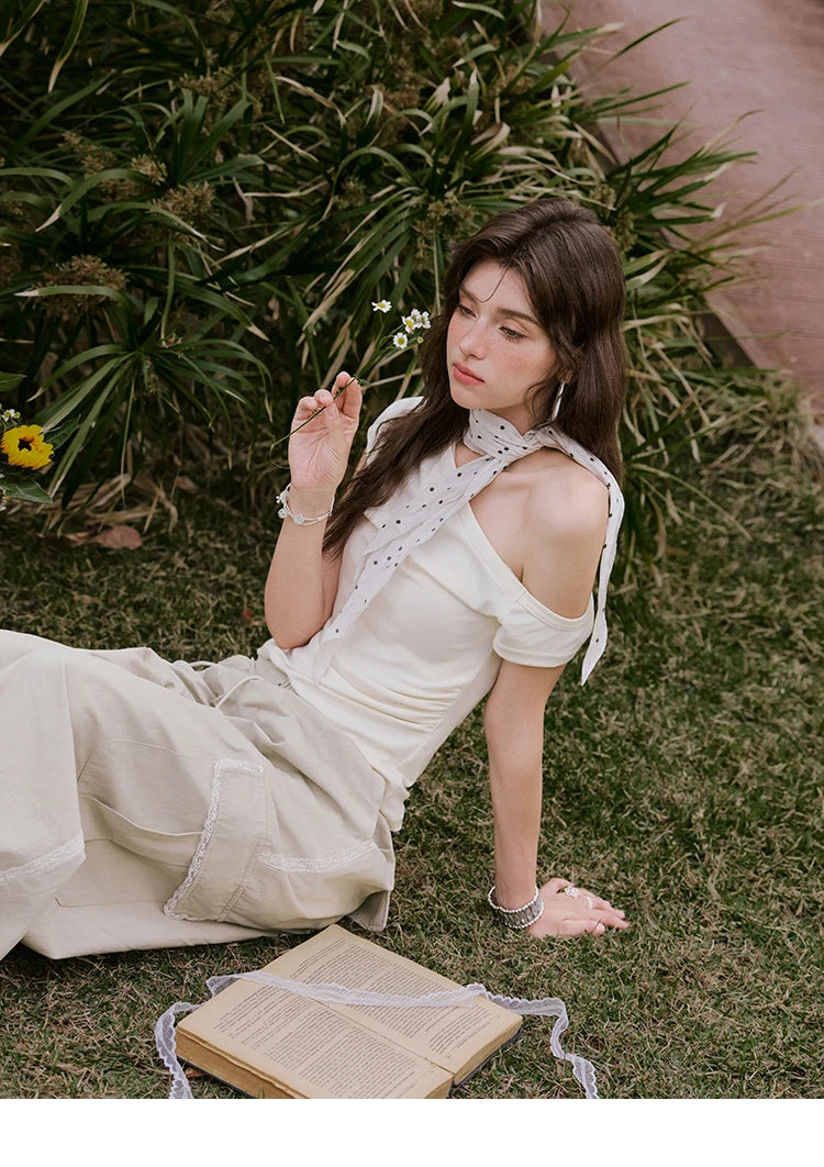 MISHOW Apricot Cargo Pants for Women in Summer 2025 Lace Patchwork Casual Pants Drawstring Elastic Waisted Trousers MXE33K0935