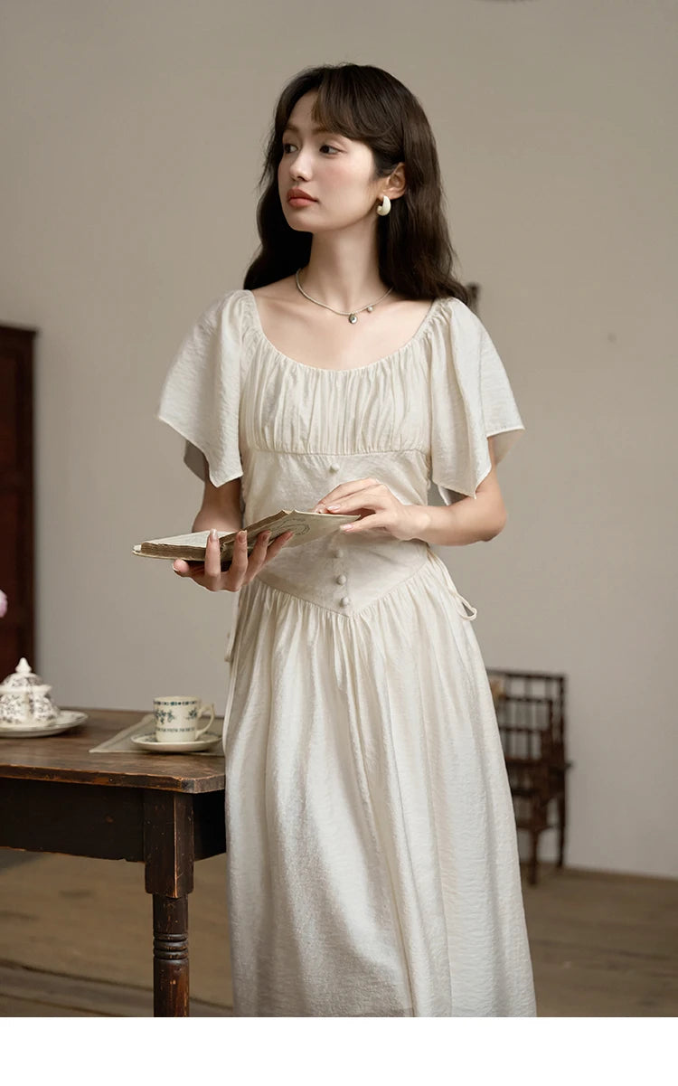 MISHOW Women's Elegant Dress 2023 Summer French A-LINE Butterfly Sleeve Square Collar Solid Lace-up Waist Dresses MXC38L1407