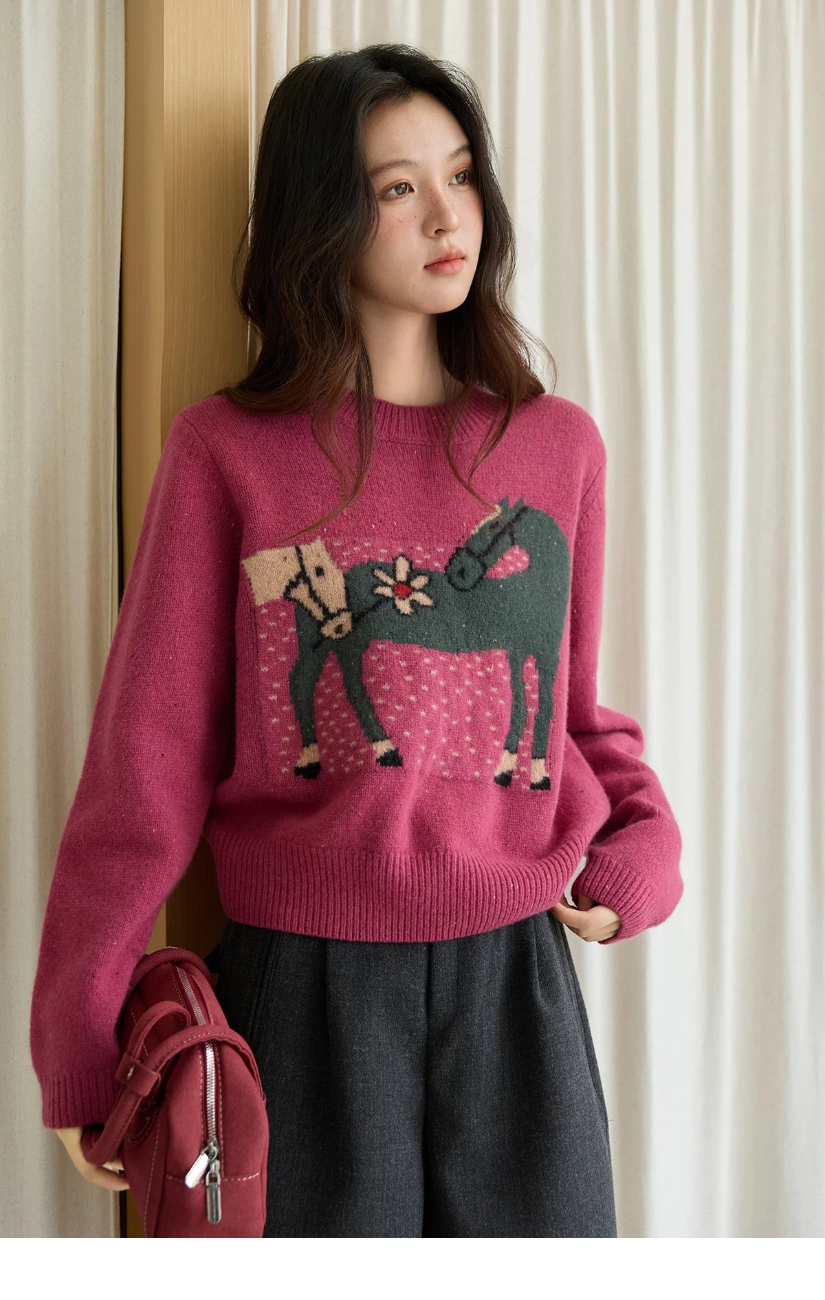 MISHOW Red Sweater Women 2025 Autumn Winter French Round Neck Pony Jacquard Loose Pullovers Long-sleeved Knitted Top MXE48Z2622