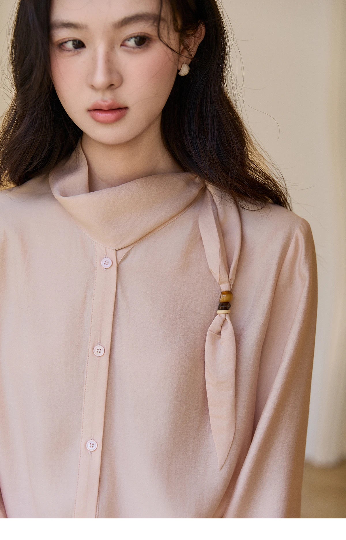 MISHOW Women's Nude Pink Shirt Spring Versatile Ribbon Stand Neck Shirts Button-Down Casual Commute Long Sleeve Top MXE11X2547