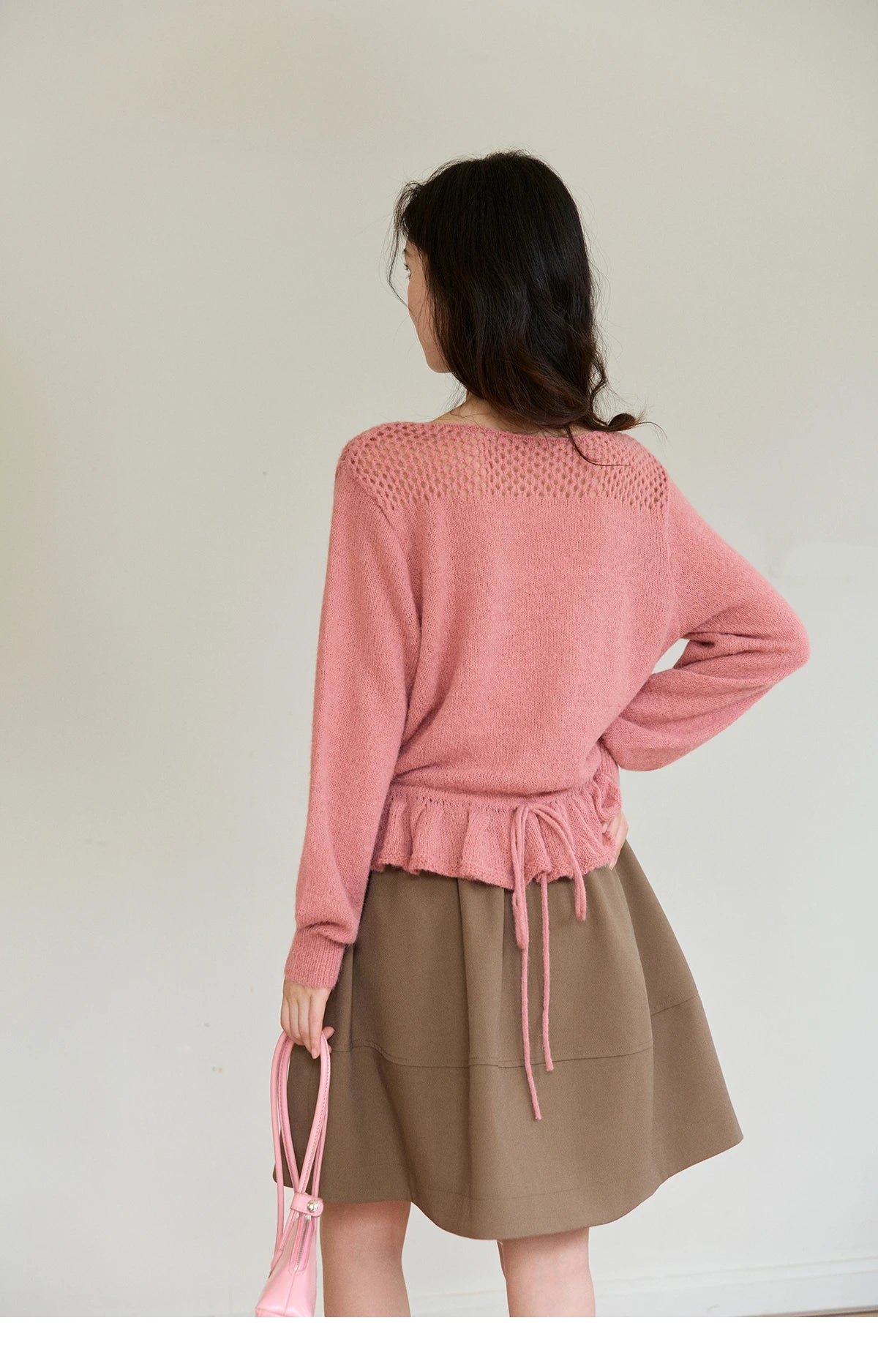 MISHOW Women's Pink Hollow-out Knitwear 2026 Spring Crew Neck Floral Embroidery Sweater Ruffled Hem Casual Loose Top MXE94Z2865