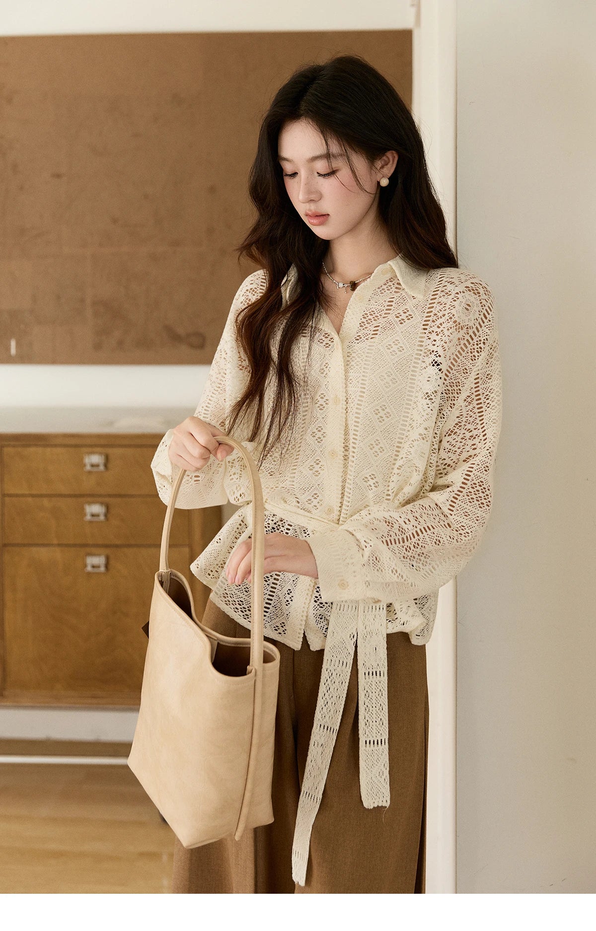 MISHOW Women's Hollow-out Lace Shirt Camisole Set 2026 Spring Lapel Drawstring Waist Sheer Casual Two-Piece Knitwear MXF108C0816