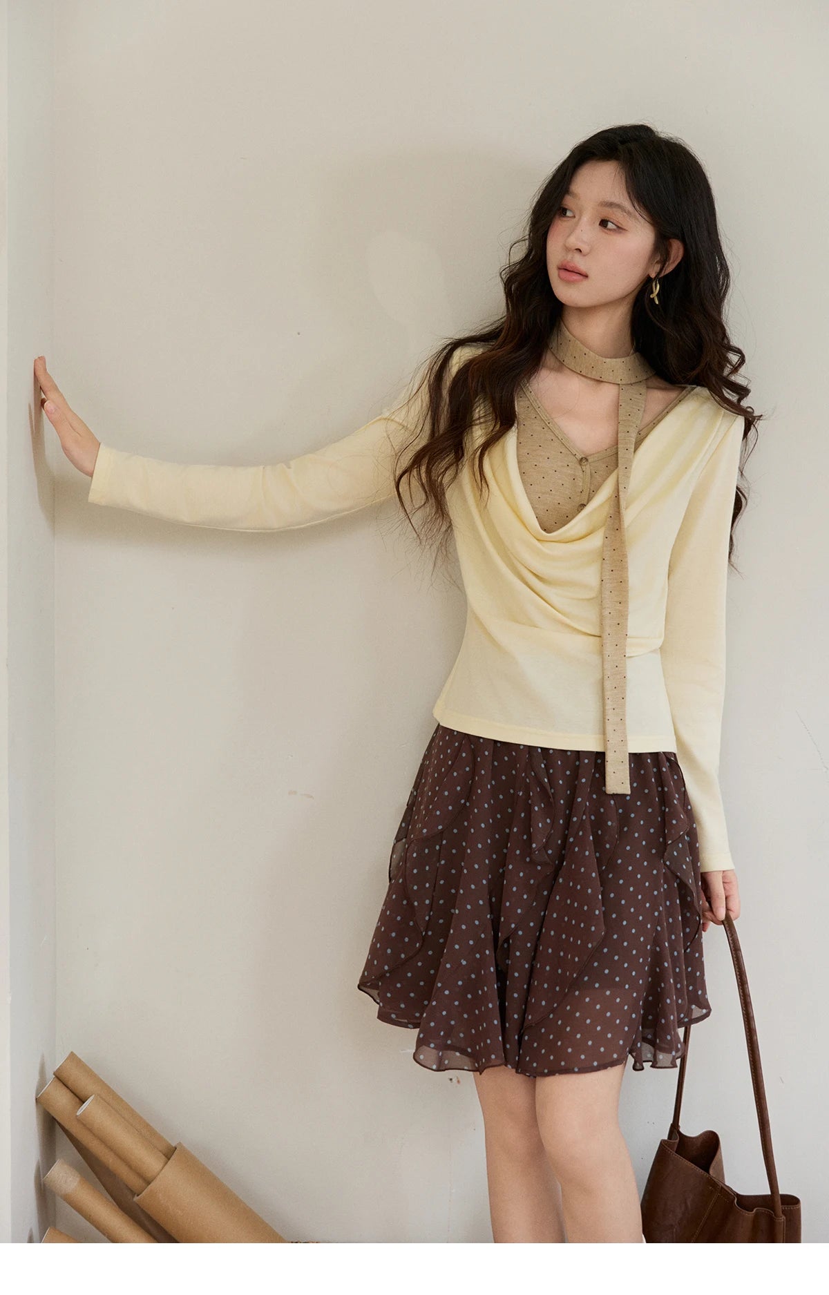 MISHOW Women's Wool Blend Fake Two Piece Draped Neck Knit Top 2026 Spring Wave Point Ribbon Contrast Color Casual Top MXF13Z2977