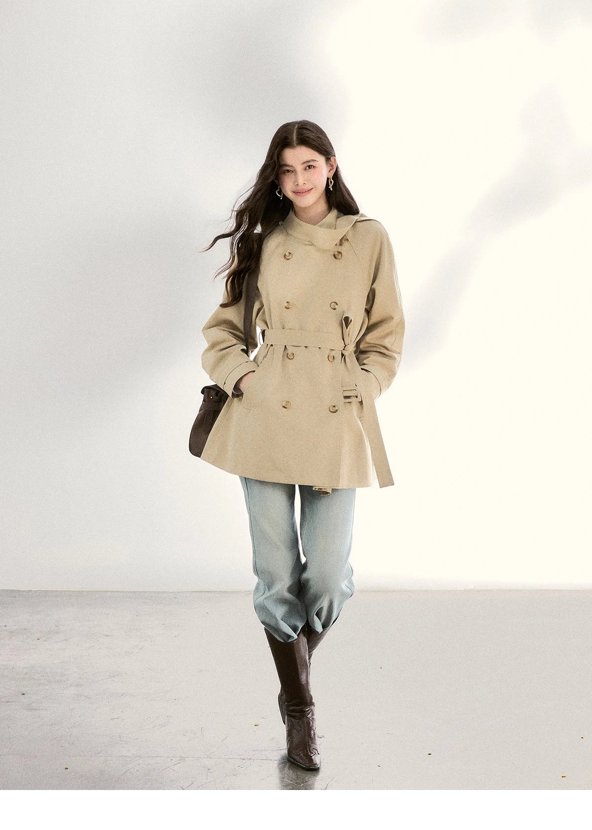 MISHOW Women's Double-Breasted Trench Coat 2026 Spring Belted Lapel Trench Long Sleeve Casual Mid-Length Outerwear MXF11W1031