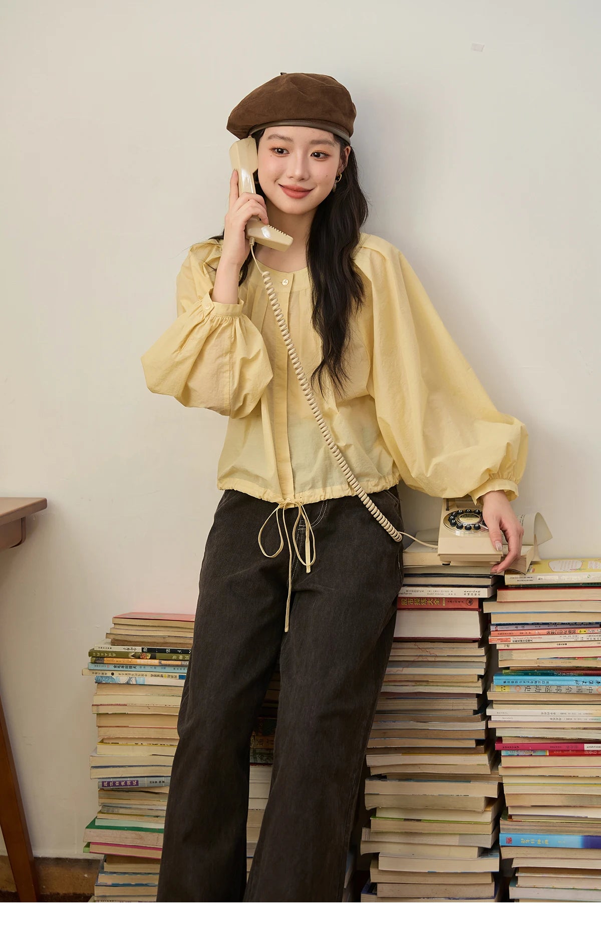 MISHOW Light Yellow Pleated Shirt 2025 Autumn Drawstring Hem Lantern Sleeve Top O-neck Cotton Blend Casual Shirts MXE45X2490