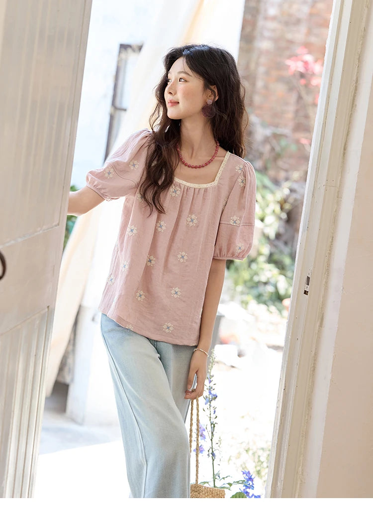 MISHOW Pink Embroidered Linen Floral Blouse for Summer 2025 A-line Square Collar Blouses Lace Patchwork Loose Tops MXE35X1834