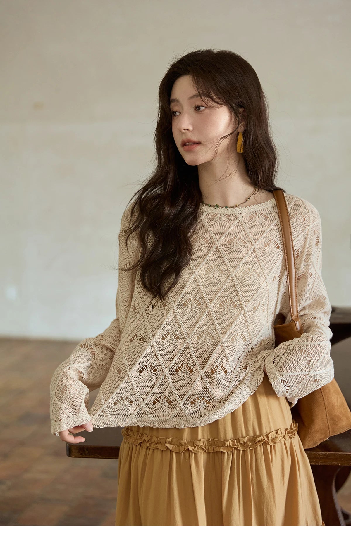 MISHOW Women's Diamond Patterned Knitted Top 2025 Autumn Bohemian Hollowed Out Thin Top Scoop Neck Knitted Sweaters MXE42Z1332