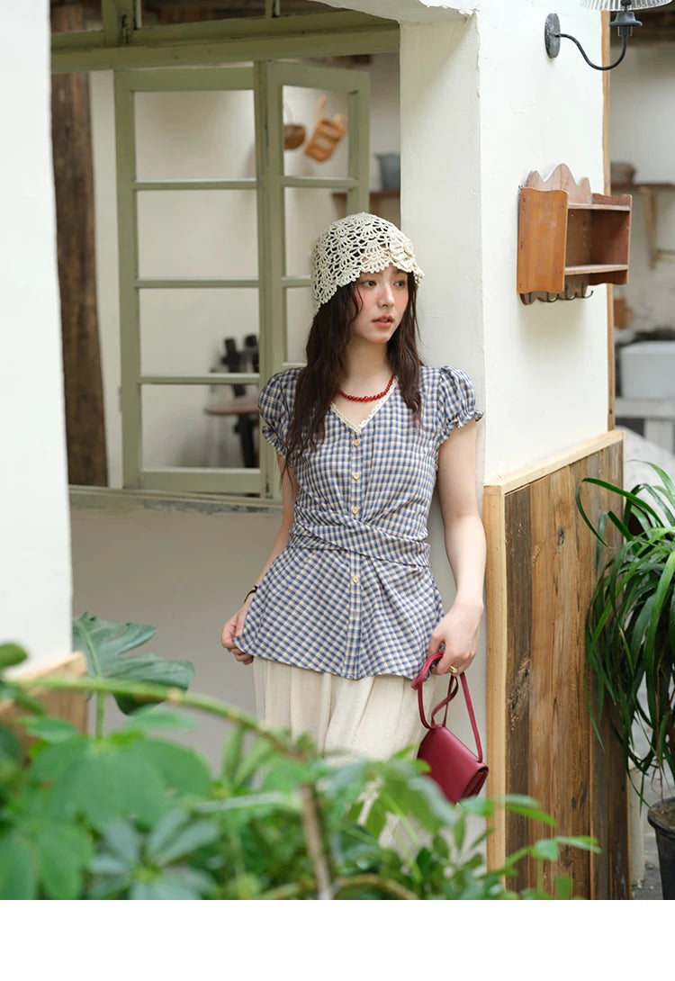 MISHOW Women's Garment Sleeves Plaid Shirt 2025 Summer New Fashion Lace V-neck Shirt Button Belt Top Female Clothing MXE36X1814