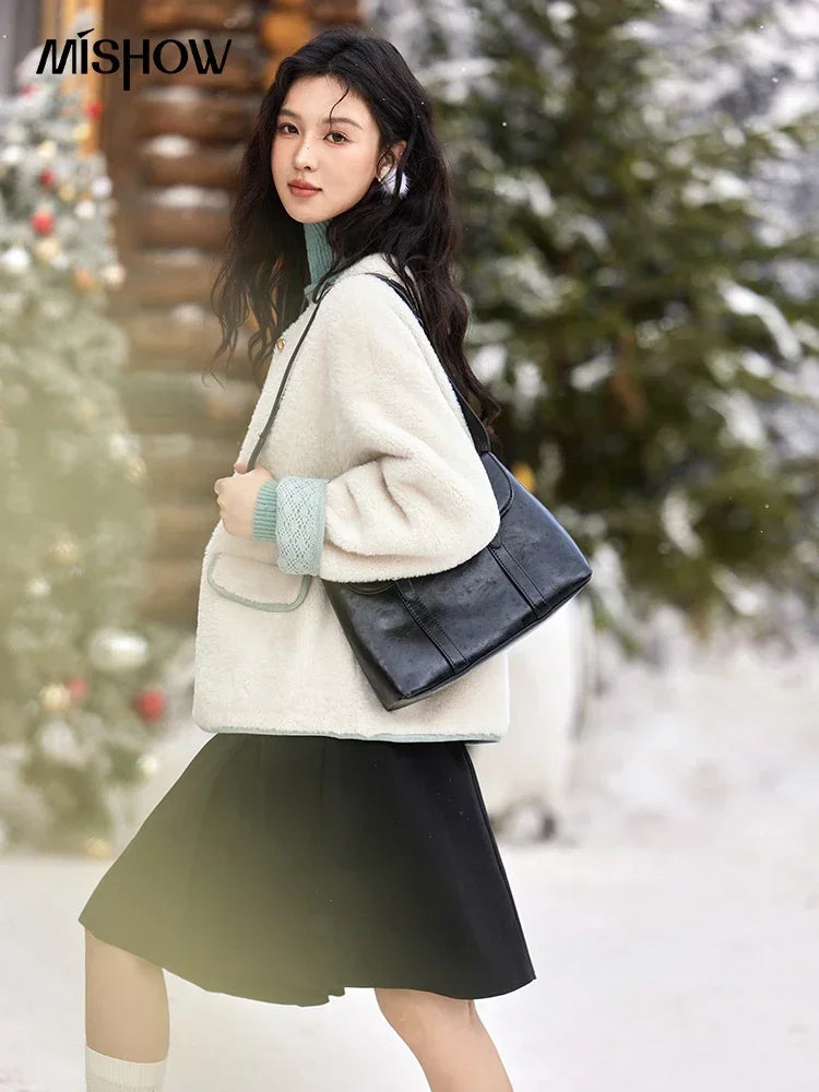 MISHOW Lamb Wool Jacket Women Cuffs Spliced Lace Metal Buttons Design Suede Plush Soft Warm Solid Leather Fur Coats MXD58W0740