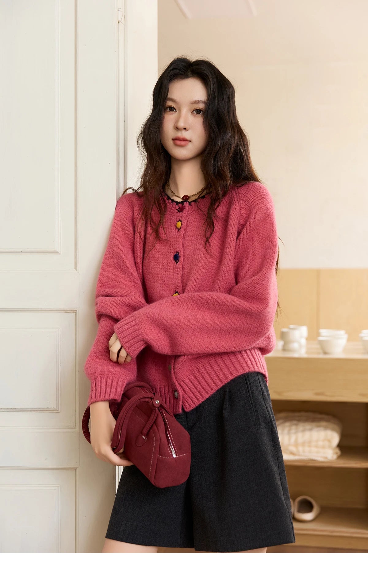 MISHOW Color Button Thickened Sweater for Women 2025 Winter Minimalist Loose Crew Neck Long Sleeves Cardigan Ladies MXE88Z2688