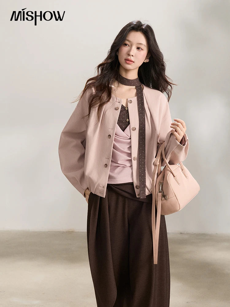 MISHOW Women's Pink Flower Bud Leather Jacket Spring 2026 Crew Neck Single-breasted Coats Casual Loose Cropped Coat MXF108W1001