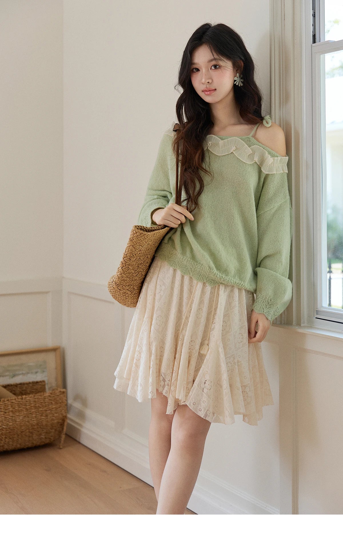 MISHOW Women's Light Green Knit Sweater 2026 Spring Asymmetrical Side Exposed Shoulder Tops Ruffled Casual Loose Top MXF108Z1027