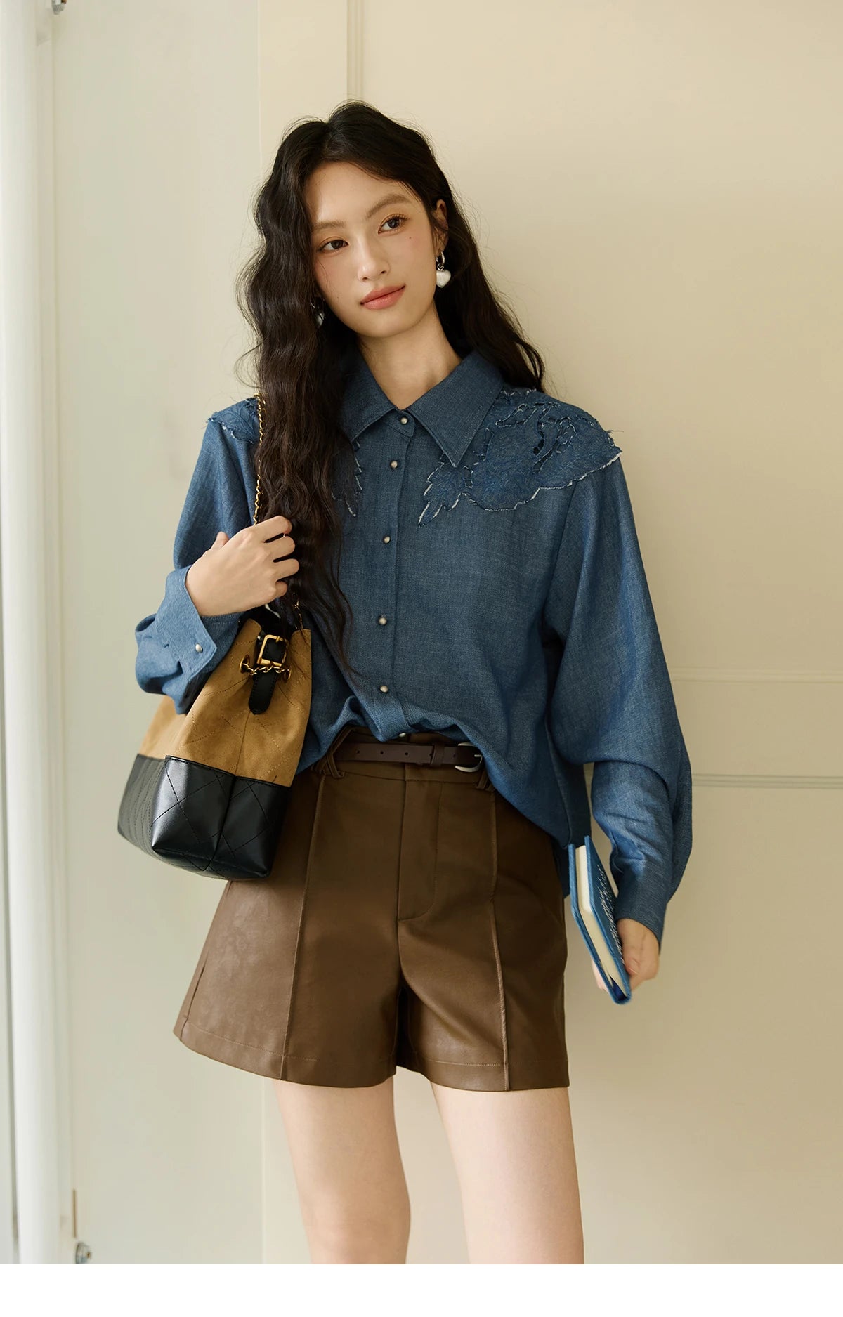 MISHOW Women's Blue Shirt Autumn 2025 Hollowed Out Patchwork Embroidery Tops Imitation Denim Fabric Loose Retro Shirt MXE46C2410