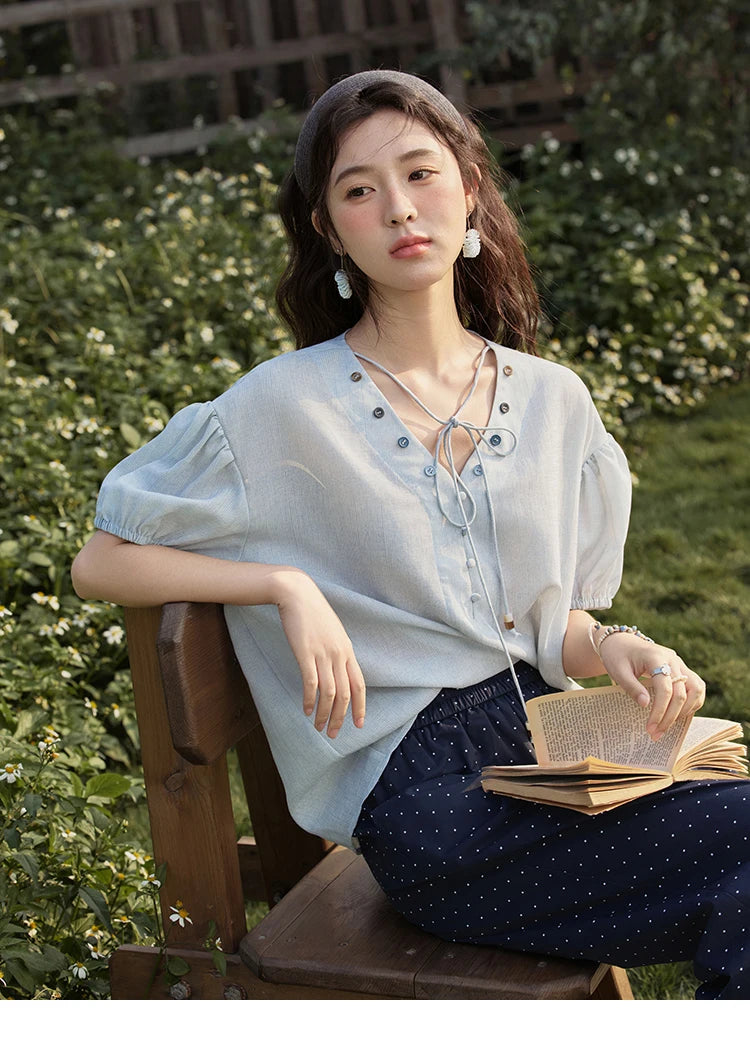 MISHOW French Summer Blouses Women Solid Short Puff Sleeve V-neck Lace-up Design Shirts Female Fashion Straight Tops MXE33X1743