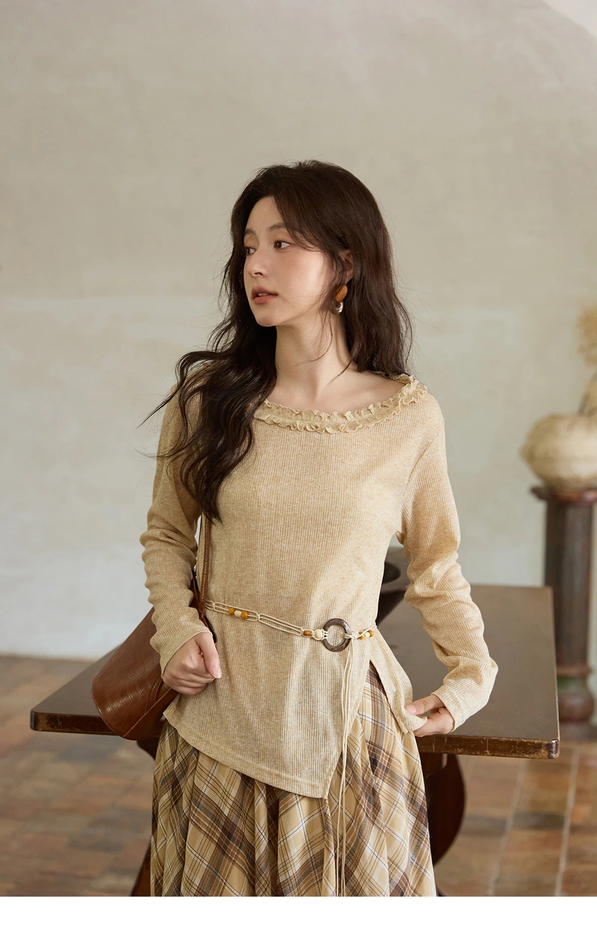 Mishow Apricot Ramie Knit Bohemian Belt Top MXE42Z1324