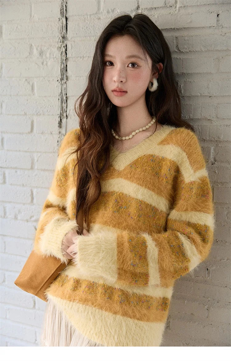 MISHOW Women's V-neck Knit Pullover Retro Yellow Striped Sweater 2025 Casual Faux Mink Jacquard Loose Knit Sweater MXE87Z2766