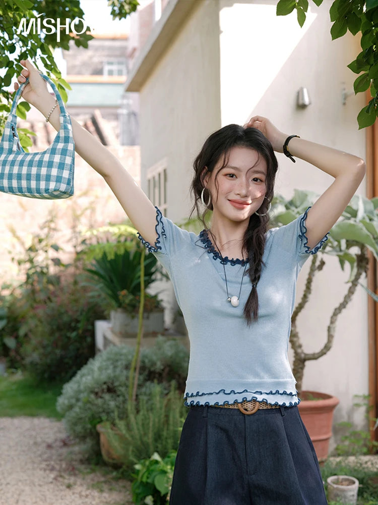 MISHOW Women's Round Neck Knit T-shirt Summer 2025 Fashion Ear Edge Short Top Casual Short Sleeve Tee Female Clothing MXE32Z1233