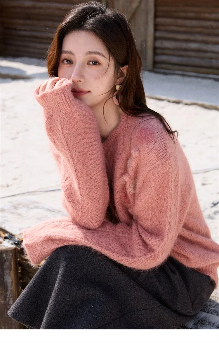 MISHOW Women's Raspberry Pink Wool Blend Sweater 2025 Winter French Floral Pom-Pom Embroidered V-Neck Knitted Top MXE86Z2740