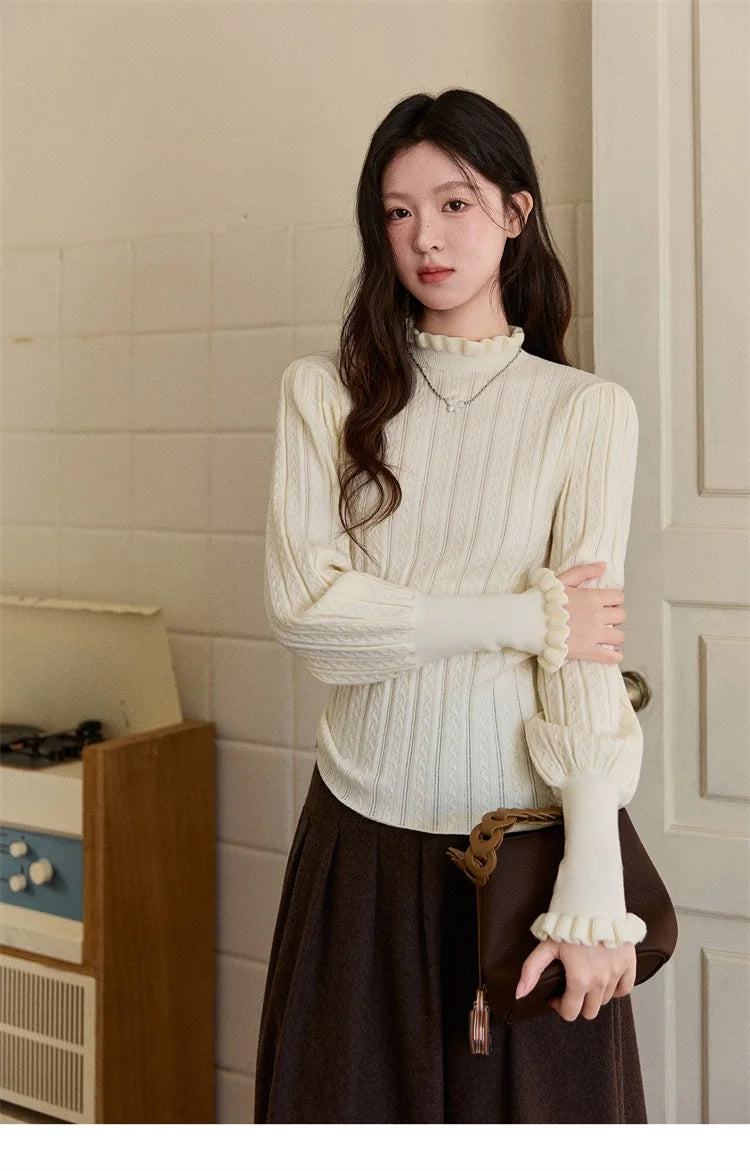 MISHOW Women's Half Turtleneck Ruffle Trim Lantern Sleeve Bottoming Tops 2025 Winter Vertical Rib Slim Knitted Top MXE93Z2810