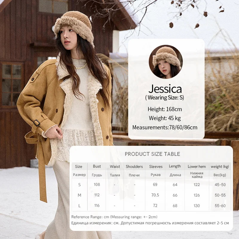 MISHOW Women Winter Jacket 2025 Fashion Suede Lambskin Fleece Coat Commute Windproof Retro Double-breasted Warm Coat MXE86W0907