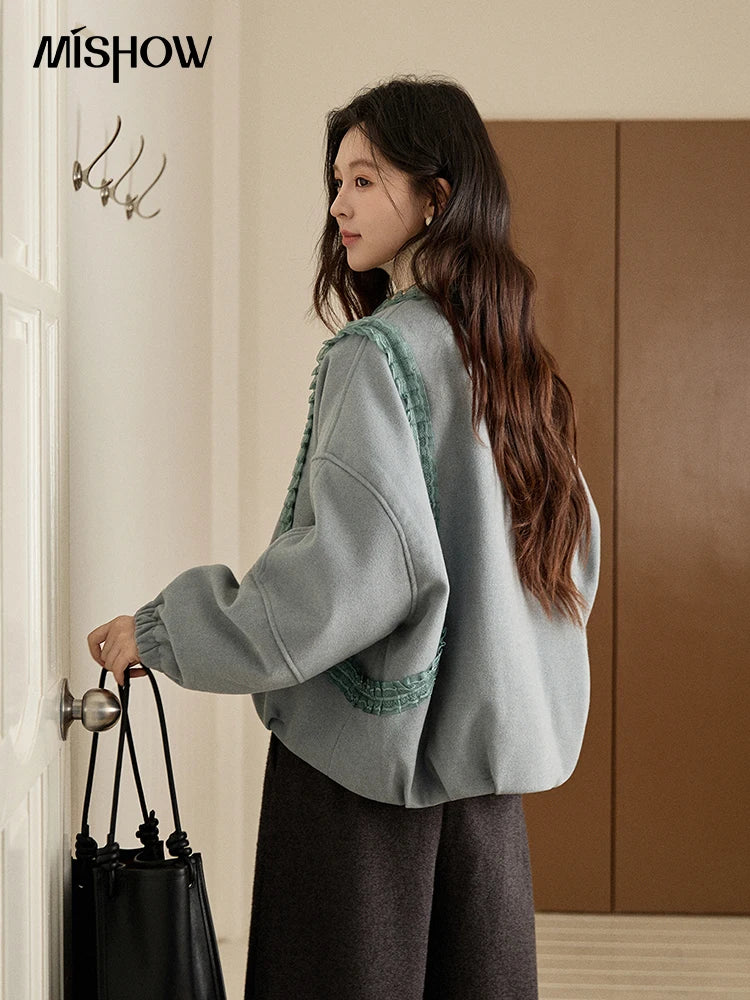 MISHOW Women's Light Blue Down Coats Winter Lace Decor Zipper Puff Sleeve Coats O Neck Loose Casual Warm Outerwear MXE94W1048