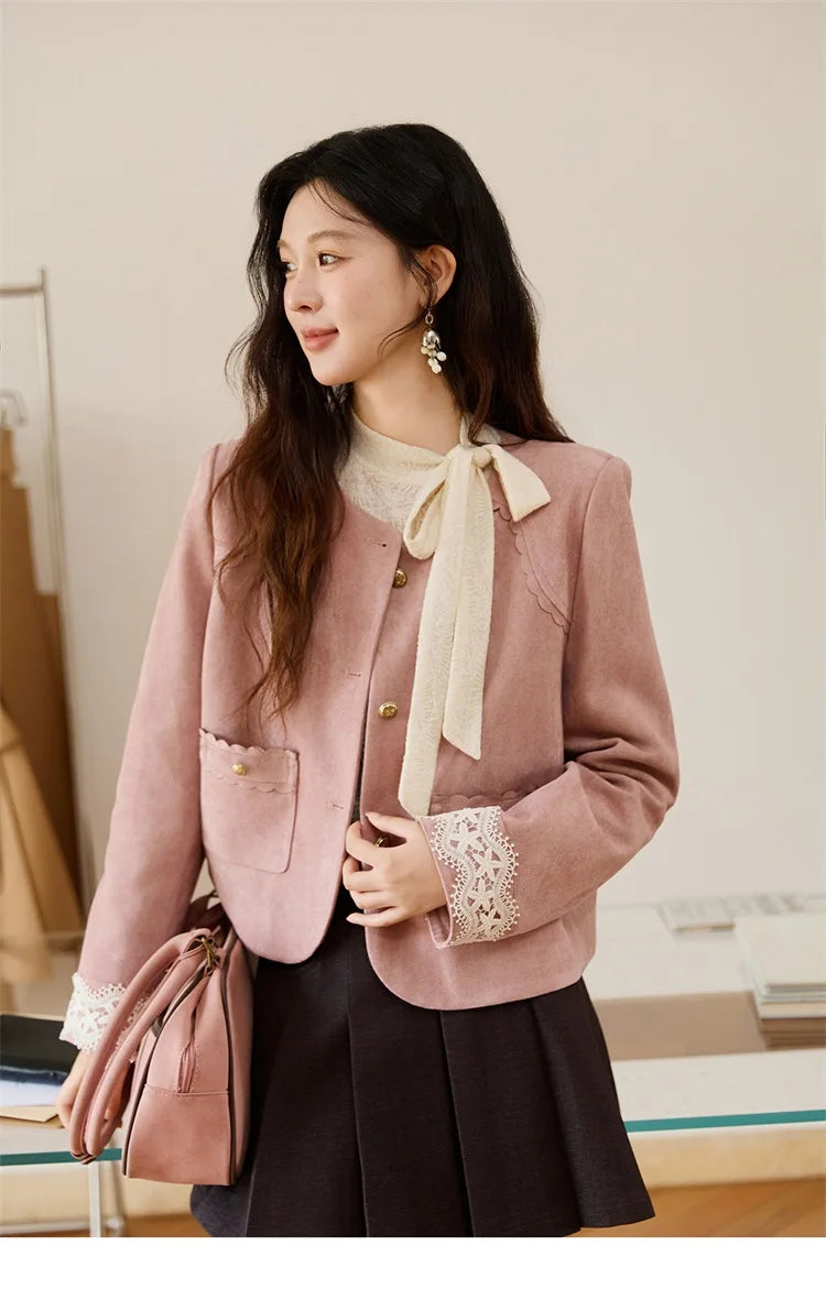 MISHOW Fragrant Suede Jacket for Women Autumn 2025 Cuffs Hollowed Out Lace Short Coats O-neck Metal Button Jackets MXE46W0839