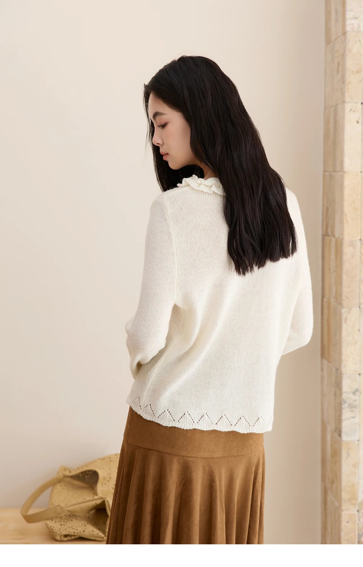 MISHOW Women Long Sleeve Tees 2025 Autumn New V-neck Wood Ear Hollow Out Knitted Sweater Women's Beige Wool Top MXE51Z2595