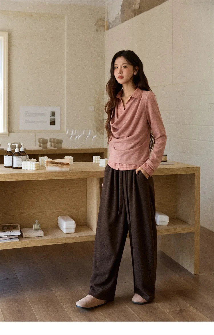 MISHOW Women Knit Top 2025 Winter Faux Two-piece Pullovers Retro Plaid Patchwork Draped Collar Luxury Design Pink Top MXE87Z2747