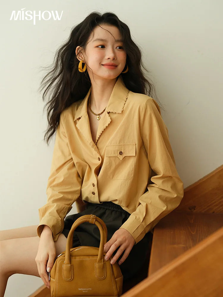 MISHOW Women's Retro Yellow Lapel Cotton Shirt 2025 Autumn Loose Casual Top Contrasting Button with Pocket Shirts MXE41C2356