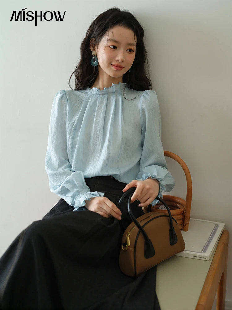 MISHOW Blue Jacquard Texture Blouses 2025 Autumn Black Fungus Edged Stand Collar Blouse Bubble Sleeves Commuting Top MXE41X1934