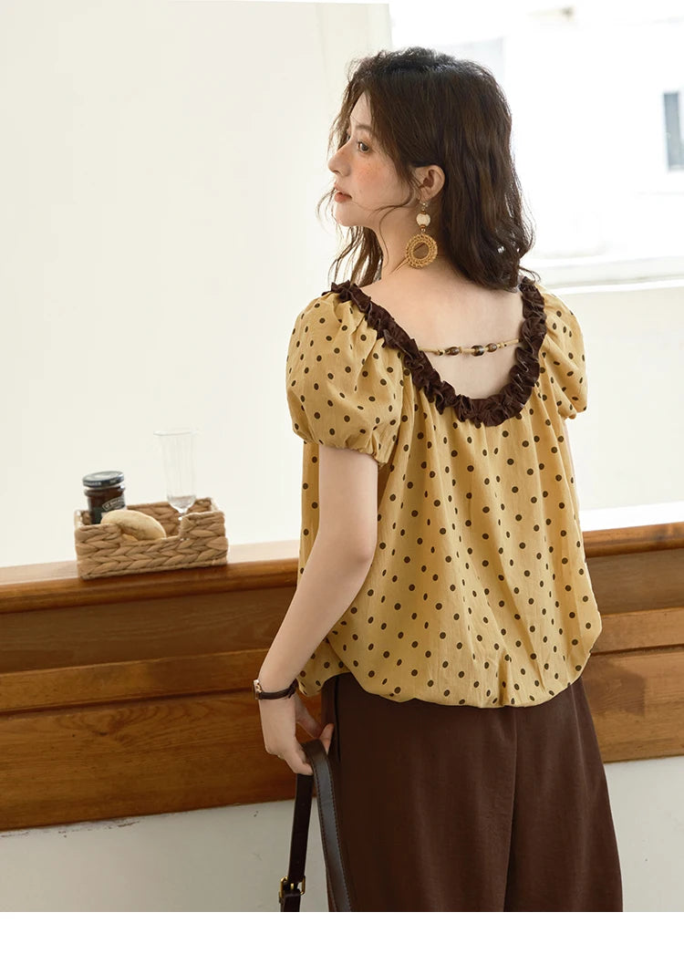 MISHOW 2025 Summer Women's Two Piece Set Polka Dot Puff Sleeve Top Casual Pocket Wide Leg Pants Set Female Clothing MXE39T0657