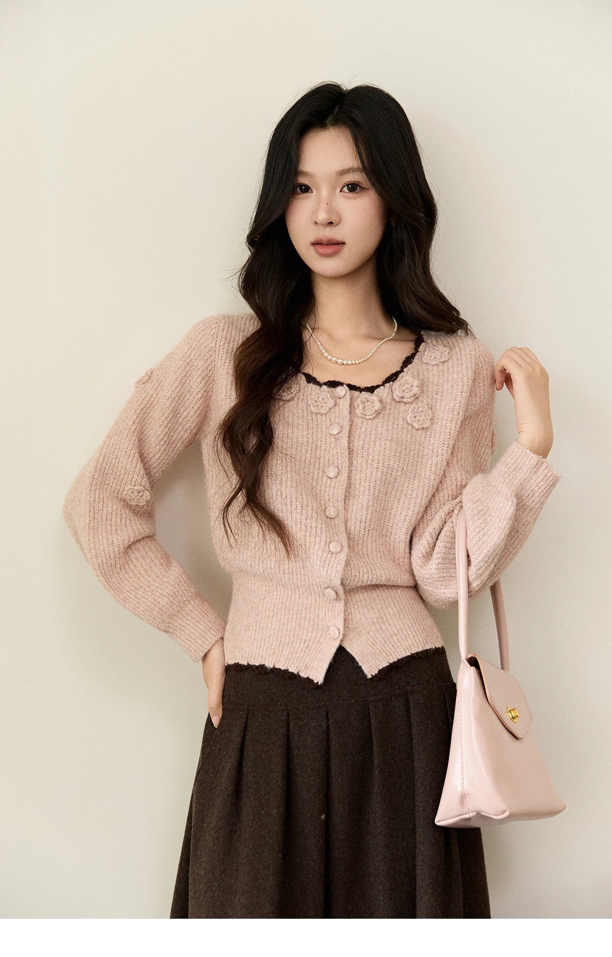 MISHOW Women's Pink Knitted Cardigan 2025 Autumn Winter Flower Decor Lace Trim Button Cardigan Slim Warm Pullover Top MXE94Z2862