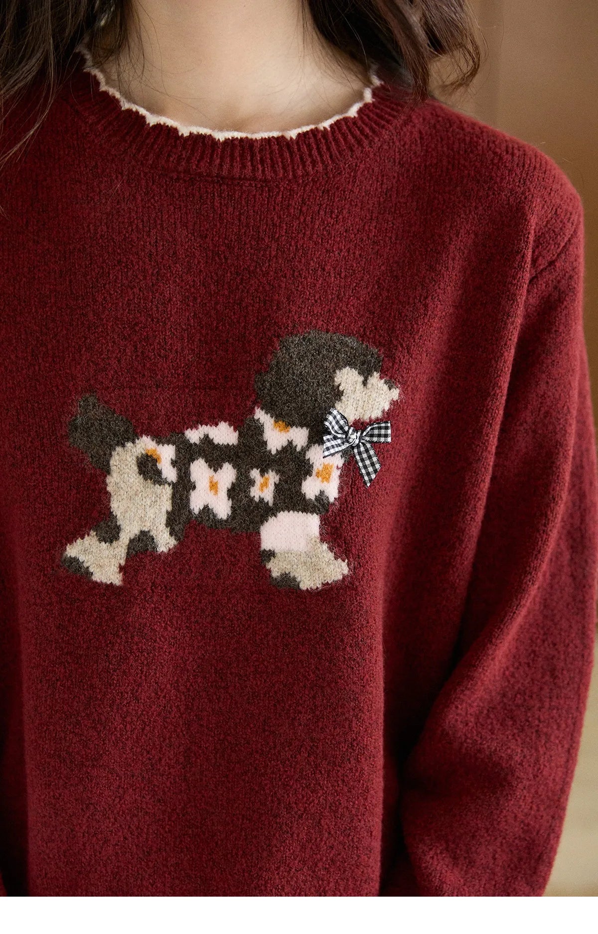 MISHOW Women's Burgundy Knitted Sweater 2025 Winter Poodle Pattern Ruffled Trim Crew Neck Sweater Warm Pullover Tops MXE93Z2949