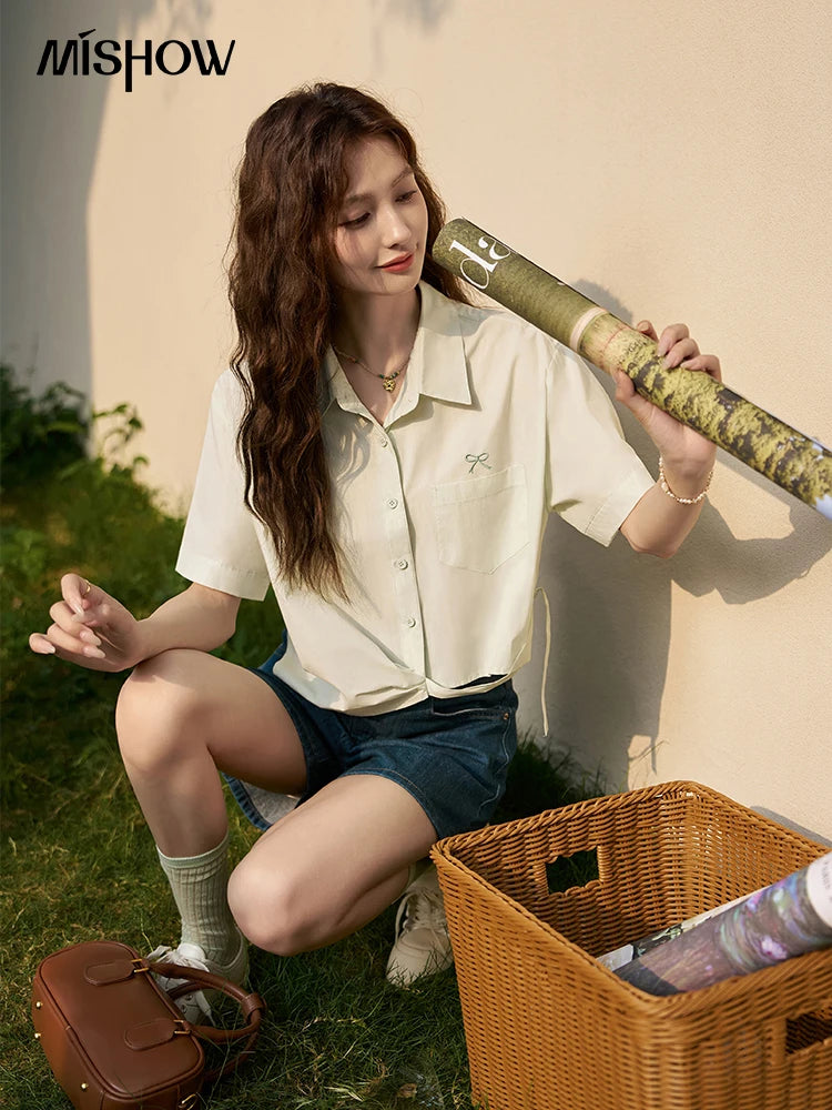 MISHOW Same Color Bow Embroidered Shirt Summer 2024 Lapel Collar Asymmetric Hem 100 Cotton Casual Short Sleeved Top MXD23C0257