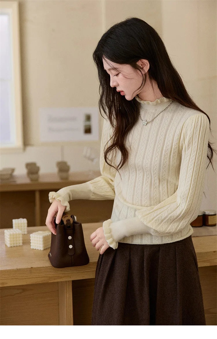 MISHOW Women's Half Turtleneck Ruffle Trim Lantern Sleeve Bottoming Tops 2025 Winter Vertical Rib Slim Knitted Top MXE93Z2810