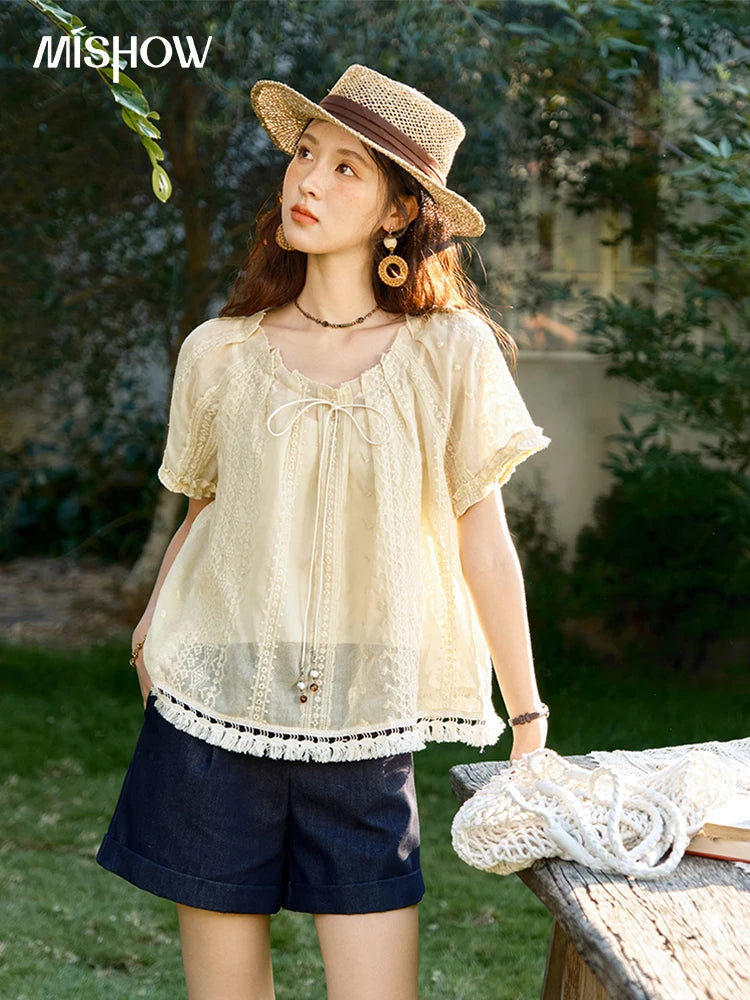 MISHOW Women's Embroidery Jacquard Blouse 2025 Summer New Fashion O-Neck Lace Up Short Sleeve Blouse Female Clothing MXE37X1861