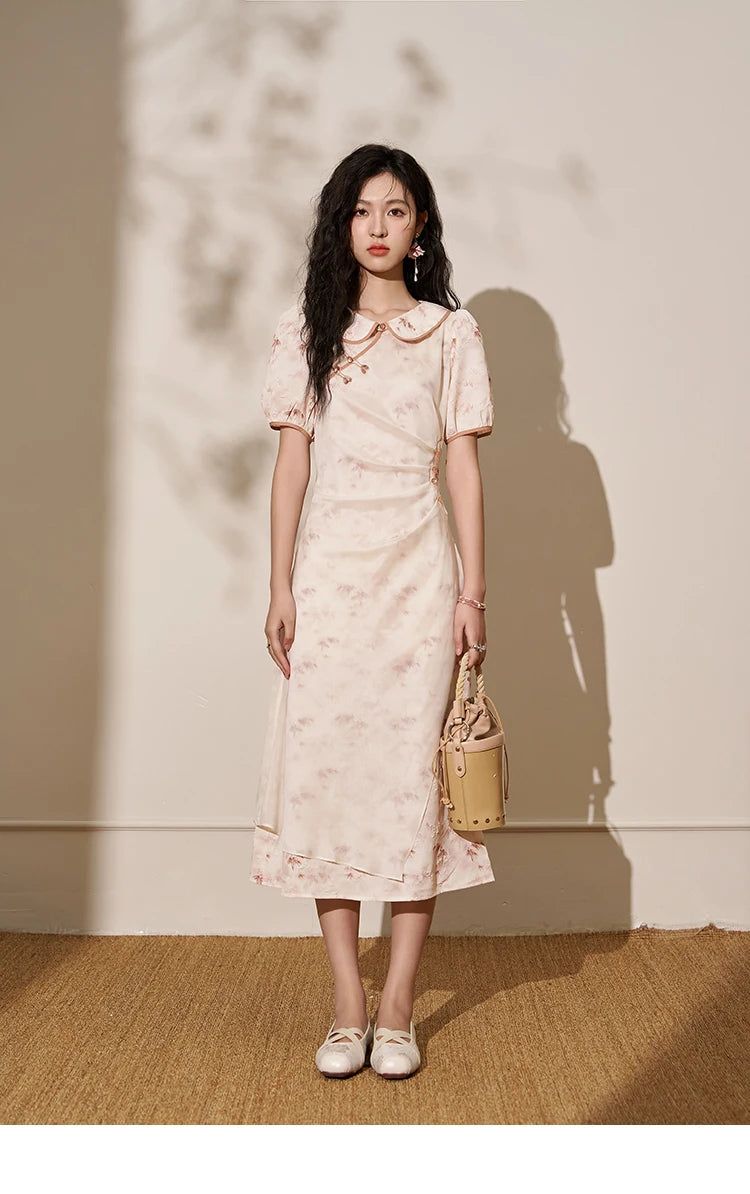 MISHOW Chinese Doll Collar Dresses 2024 Summer Improved Cheongsam Waist Pink Bamboo Printing Splicing Mesh Midi Dress MXD22L1829