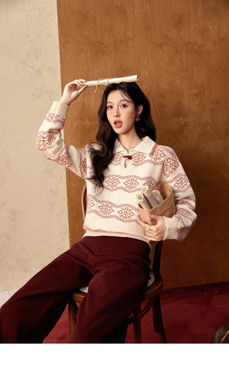 MISHOW Fair Isle Knitting Sweater Women Christmas Turn Down Collar Pullovers Versatile Soft Warm Office Lady Warm Top MXD59Z1042