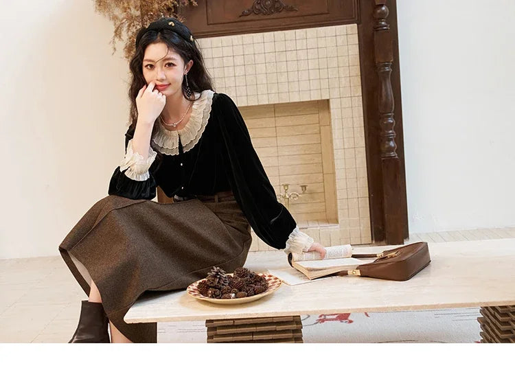 MISHOW French Retro Velvet Blouses for Women 2025 Autumn Winter Button Down O Neck Korean Long Sleeve Shirt Tops MXC51X1323