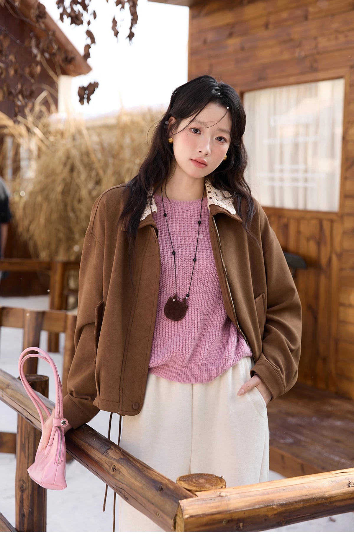 MISHOW Brown Jacket for Women 2025 Autumn Winter Retro Detachable Lace Collar Drawstring Hem Jacket Women's Clothing MXE45W0846