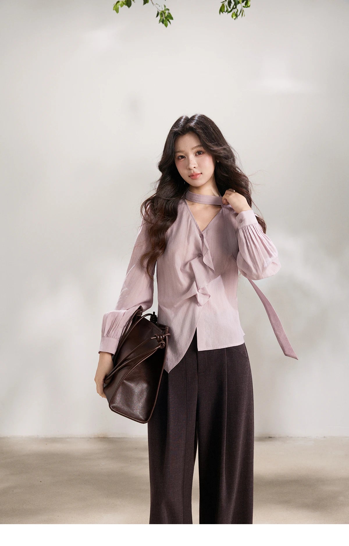 MISHOW Women's Purple Sweet Shirts 2026 Spring Ribbon V-Neck Ruffled Asymmetrical Shirt Back Lace-up Waist Casual Top MXF13X2527