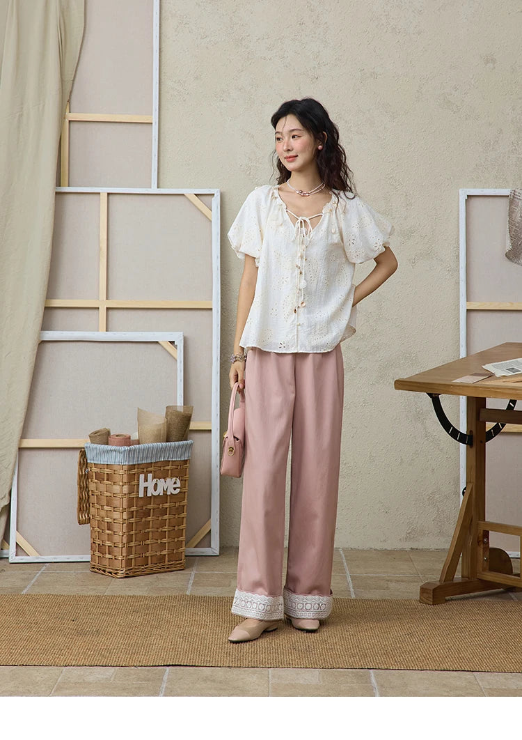 MISHOW Hem Lace Hollow Out Wide Leg Pants for Women Summer 2025 High Waist Loose Pink Pants Straight Leg Trousers MXE31K0900