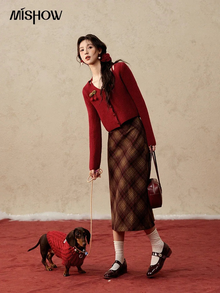 MISHOW Red Knitted Short Cardigan Women Autumn Winter New Cherry Ornaments Sweet Slim Fit V-neck Long Sleeve Tops MXD112Z1006