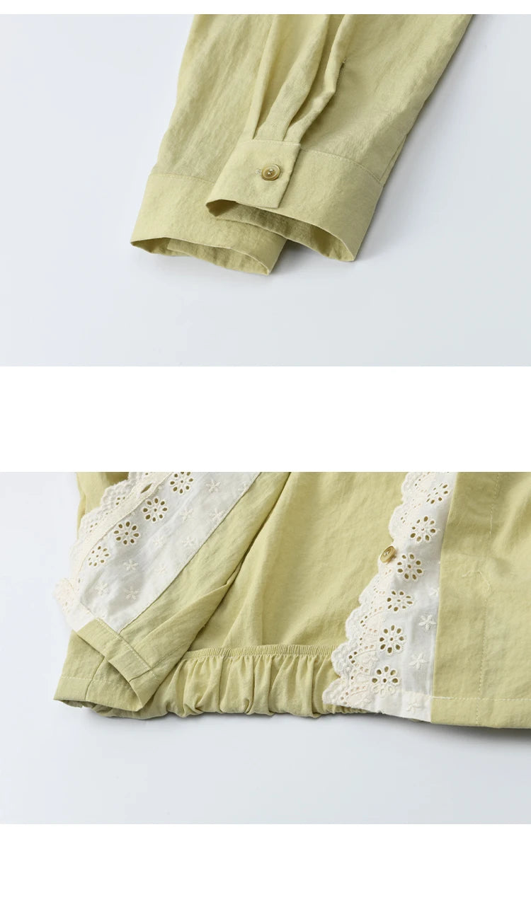 MISHOW Women's Top Green Fake Two Piece Shirt 2025 Autumn Lace Patchwork Lapel Shirts Rear Hem Elastic Short Shirt MXE41C2348