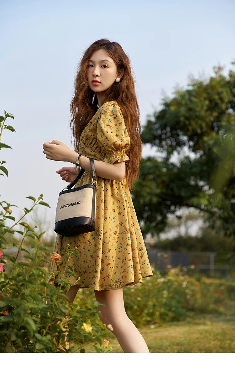 MISHOW Women's Retro Puff Sleeve Flower Dress 2025 Summer Waist Slim A-LINE V-Neck Shirring Female Ankle-Length Dress MXC33L1374